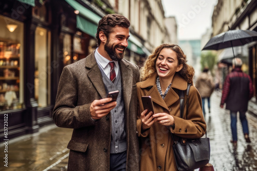 Happy couple with smart phone on street