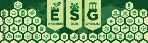 ESG Icons Banner set. Environment, social, governance, sustain, development, achievement, earth and ecological. Vector illustration