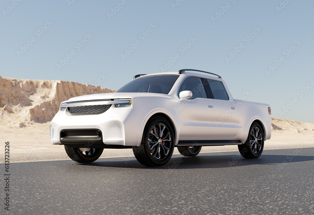 White Electric Pickup Truck parking on desert roadside. Generic design. 3D rendering image.