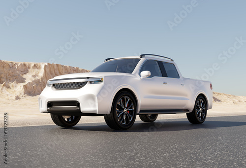 White Electric Pickup Truck parking on desert roadside. Generic design. 3D rendering image. © chesky