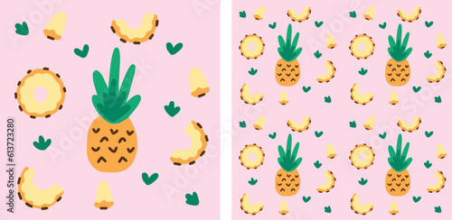 Vector illustration. Seamless pattern with pineapples. Big set of slices. photo