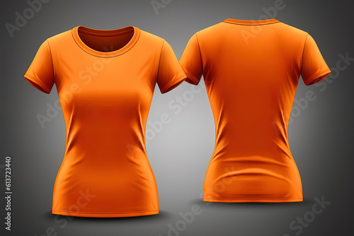 Orange female t-shirt realistic mockup set from front and back view, blank textile print design template for fashion apparel. Created with Generative AI Technology