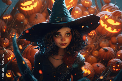 Pretty witch in hat with halloween pumpkins in dark forest, beautiful cute woman enchantress. Fantasy mystical illustration
