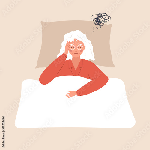 Insomnia concept. Tired elderly woman suffer from headache. Sleepless female character lying in bed and thinking about menopause problems. Vector illustration in flat cartoon style.