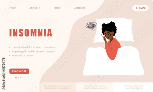 Insomnia landing page template. Tired african woman suffer from headache. Sleepless female character lying in bed and thinking about menopause problems. Vector illustration in flat cartoon style.