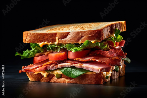 Fresh delicious sandwich isolated on dark background. Created with Generative AI Technology
