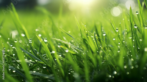 green grass with dew and water drops. soft and selective focus. nature environment background. freshness in the morning and relaxation concept. generative AI