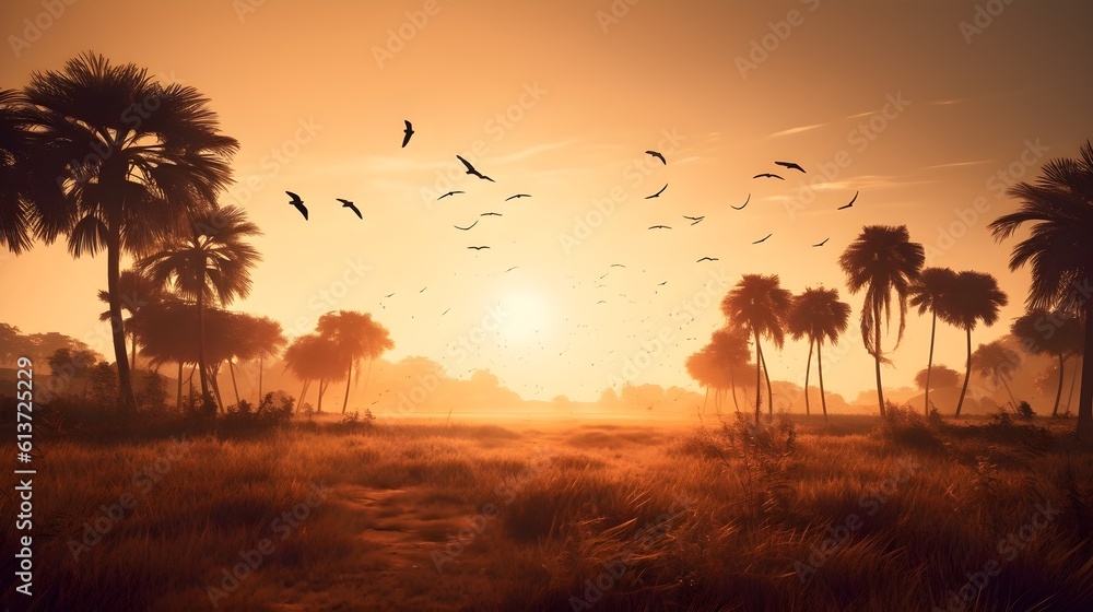 Meadow landscape with coconut trees on the left and right, golden hour evening sunset, silhouettes of birds flying above it. Generative AI technology.