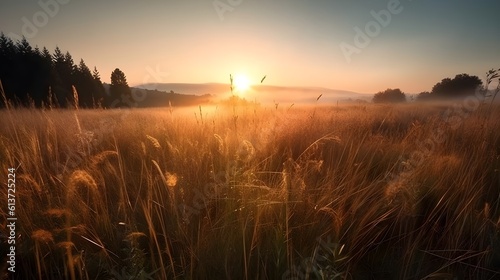 Landscape of grasslands and some trees with sunset in the evening golden hour and mountains in the background. Generative AI technology.