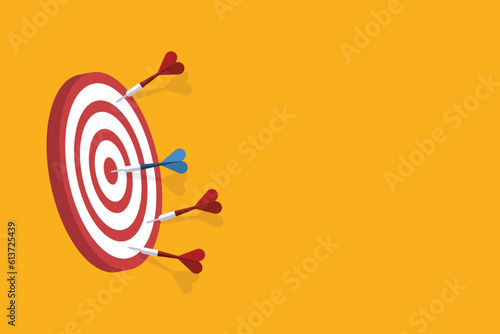 Red darts missed hitting target and only blue one hits the center. Challenge failure and success concept.