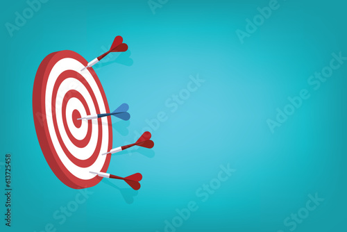 Red darts missed hitting target and only blue one hits the center. Challenge failure and success concept.