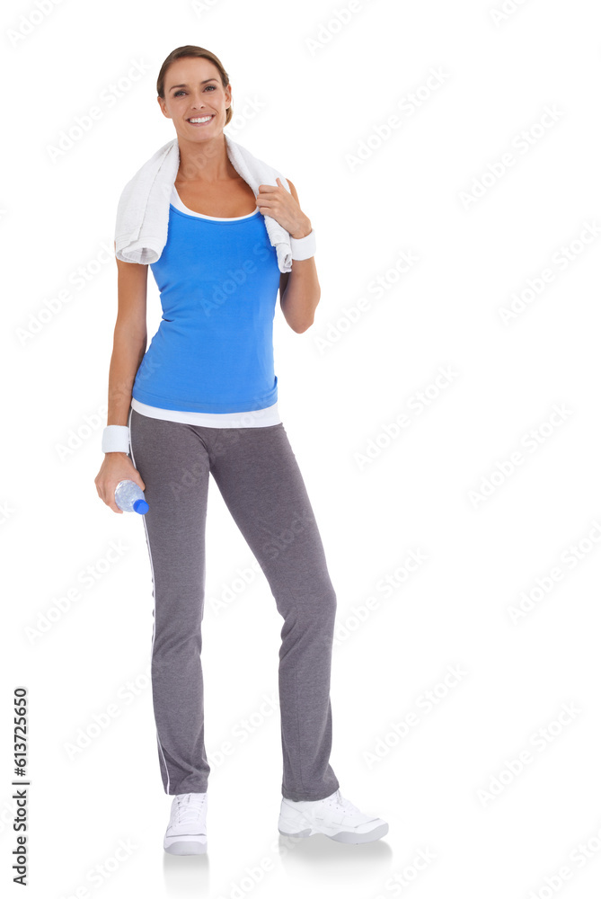 Portrait, fitness towel and woman with water isolated on a transparent png background. Sports, bottle and athlete with drink for healthy nutrition after exercise, workout or training for wellness. Portrait, fitness towel and woman with water isolated on a transparent png background. Sports, bottle and athlete with drink for healthy nutrition after exercise, workout or training for wellness.