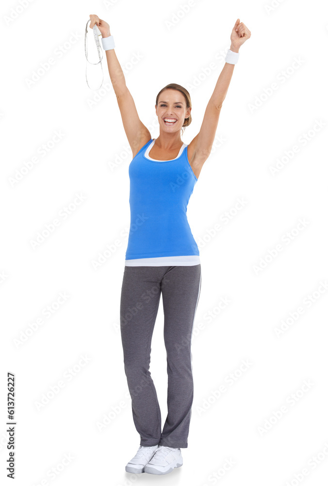 Portrait, measure tape and woman success, fitness celebration and yes for lose weight or training results. Celebrate, cheers and person for sports or body goals isolated on transparent png background Portrait, measure tape and woman success, fitness celebration and yes for lose weight or training results. Celebrate, cheers and person for sports or body goals isolated on transparent png background