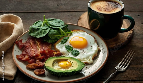 Ketogenic Diet Breakfast, Fried Egg, Bacon, Avocado, Generative AI