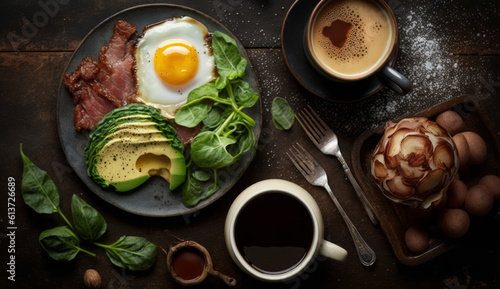 Ketogenic Diet Breakfast, Fried Egg, Bacon, Avocado, Generative AI