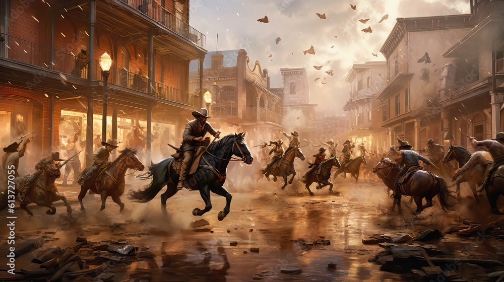 An intense cowboy duel on the main street of a typical western town, echoing tales of law and disorder in the old west. Generative AI