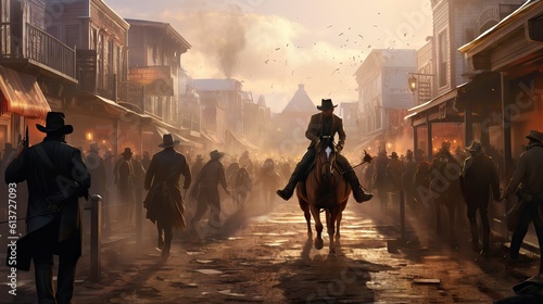 An intense cowboy duel on the main street of a typical western town, echoing tales of law and disorder in the old west. Generative AI © Sebastián Hernández