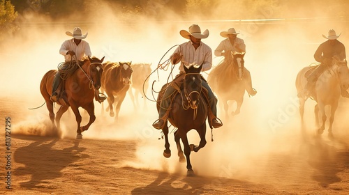 An action-packed rodeo with brave cowboys participating in thrilling lasso events or daredevil bull riding. Generative AI