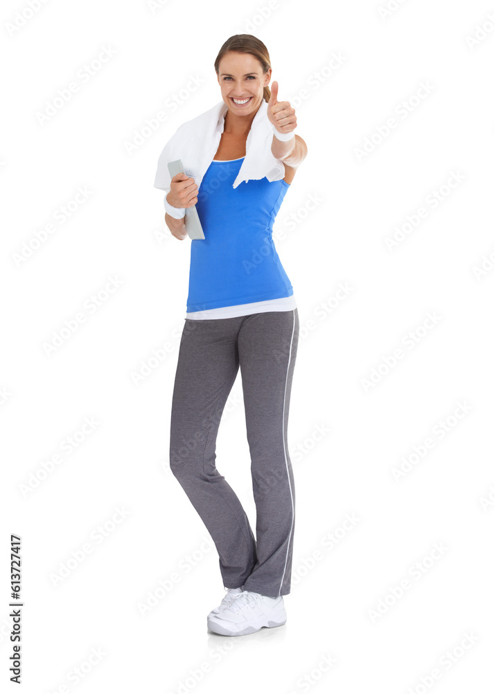 Portrait, fitness and woman with thumbs up, tablet and smile isolated on a transparent png background. Sports, like hand gesture and technology with emoji for workout goals, training and exercise. Portrait, fitness and woman with thumbs up, tablet and smile isolated on a transparent png background. Sports, like hand gesture and technology with emoji for workout goals, training and exercise.