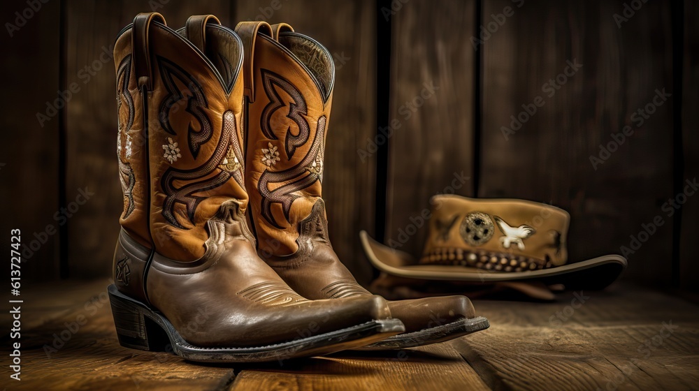 A close-up of iconic cowboy accessories like sturdy boots, a weathered hat, or a well-used saddle. Generative AI. A close-up of iconic cowboy accessories like sturdy boots, a weathered hat, or a well-used saddle. Generative AI.