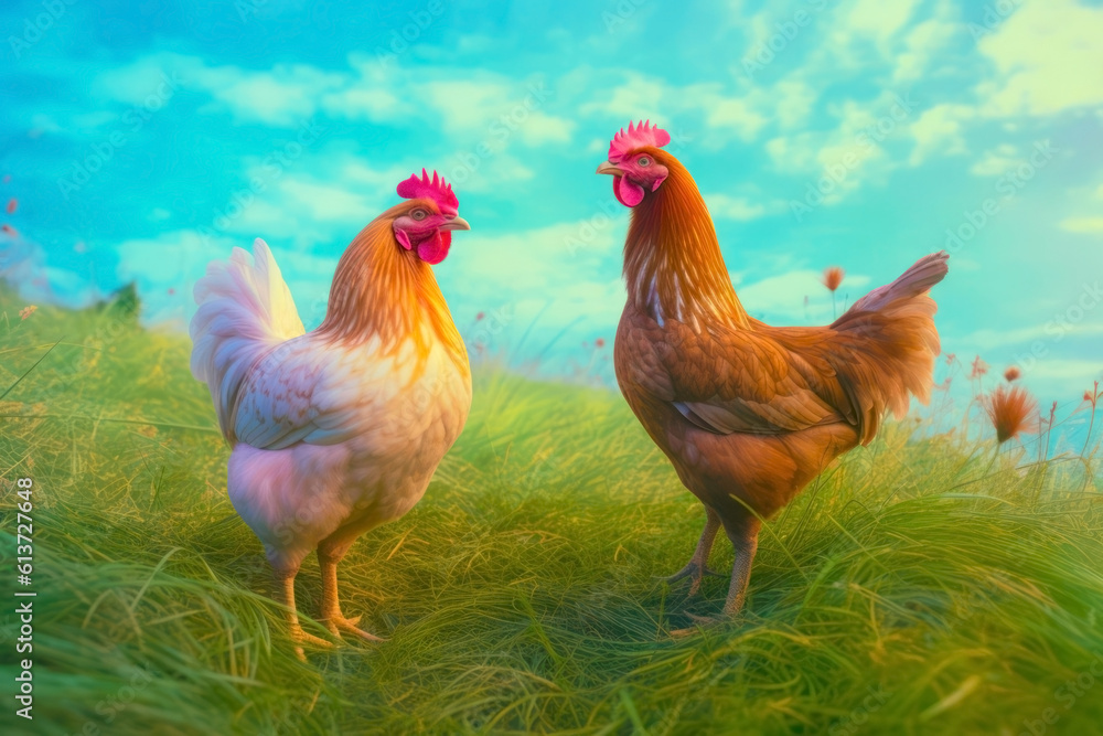 Fototapeta premium Rooster and hen on green grass. Colorful background. Copy space. 