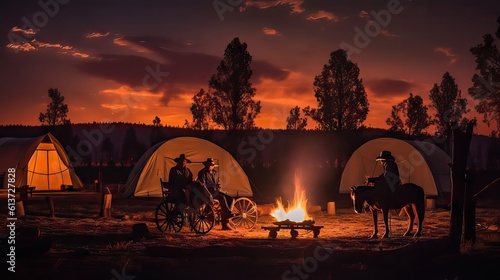 A crackling campfire in a cowboy camp, the silhouettes of covered wagons in the background adding a touch of the old west. Generative AI.