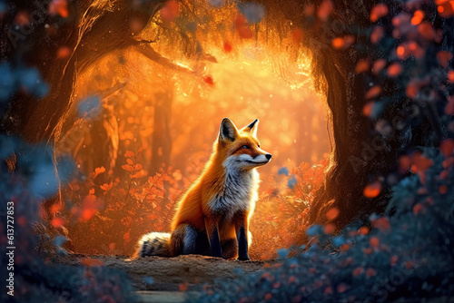 A magical fairy tale forest with a fox. A mythical realm is like something out of a storybook
