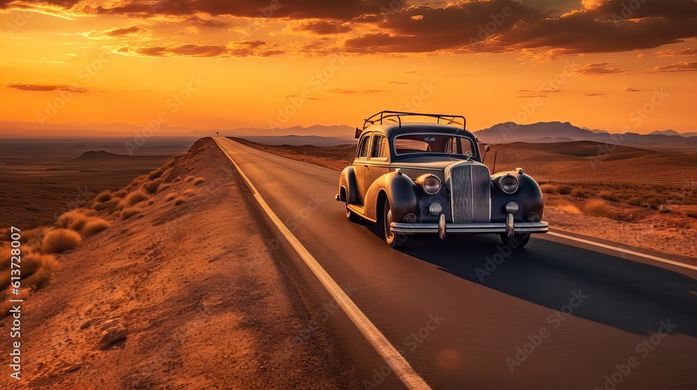 A vintage car cruising on an open road with the sun setting on the ...