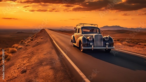A vintage car cruising on an open road with the sun setting on the horizon, creating a nostalgic and liberating feeling. Generative AI.