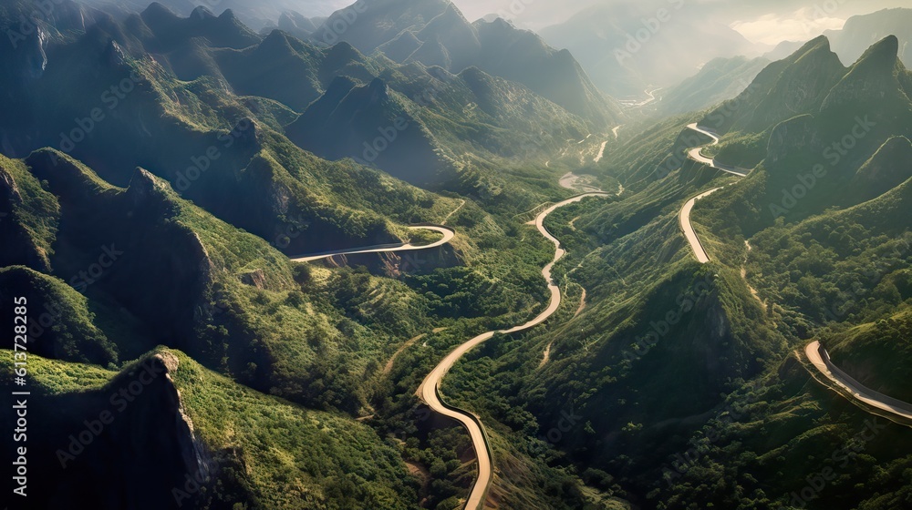 An awe-inspiring aerial view of a winding road cutting through mountains or a coastal landscape, depicting nature's grandeur. Generative AI An awe-inspiring aerial view of a winding road cutting through mountains or a coastal landscape, depicting nature's grandeur. Generative AI