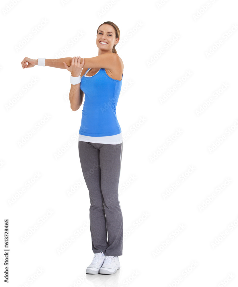 Stretching, fitness and happy with portrait of woman on transparent background for training, workout or challenge. Exercise, performance and warm up with person isolated on png for running and health Stretching, fitness and happy with portrait of woman on transparent background for training, workout or challenge. Exercise, performance and warm up with person isolated on png for running and health