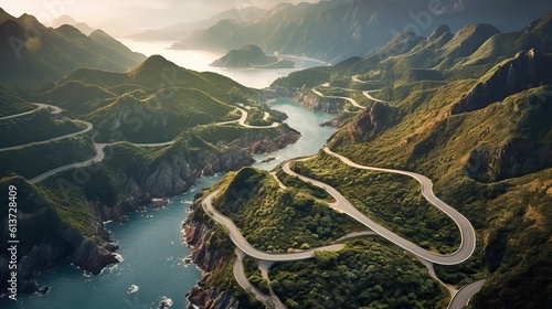 An awe-inspiring aerial view of a winding road cutting through mountains or a coastal landscape, depicting nature's grandeur. Generative AI photo