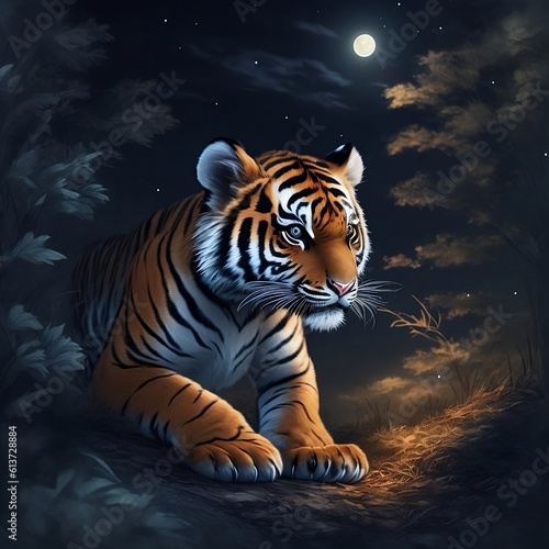 A Captivating Illustration of a Baby Tiger in the Enchanting Nighttime Realm © Abdul