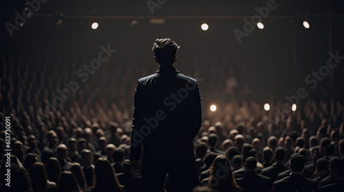 Silhouette of a man standing on a stage giving a lecture to the public - IA Generative 