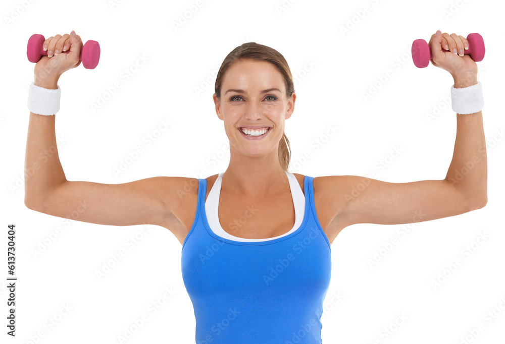 Fitness, exercise and portrait of a happy woman with dumbbells for strong muscle and power. Healthy female person with weights in hands for training workout isolated on a transparent, png background Fitness, exercise and portrait of a happy woman with dumbbells for strong muscle and power. Healthy female person with weights in hands for training workout isolated on a transparent, png background