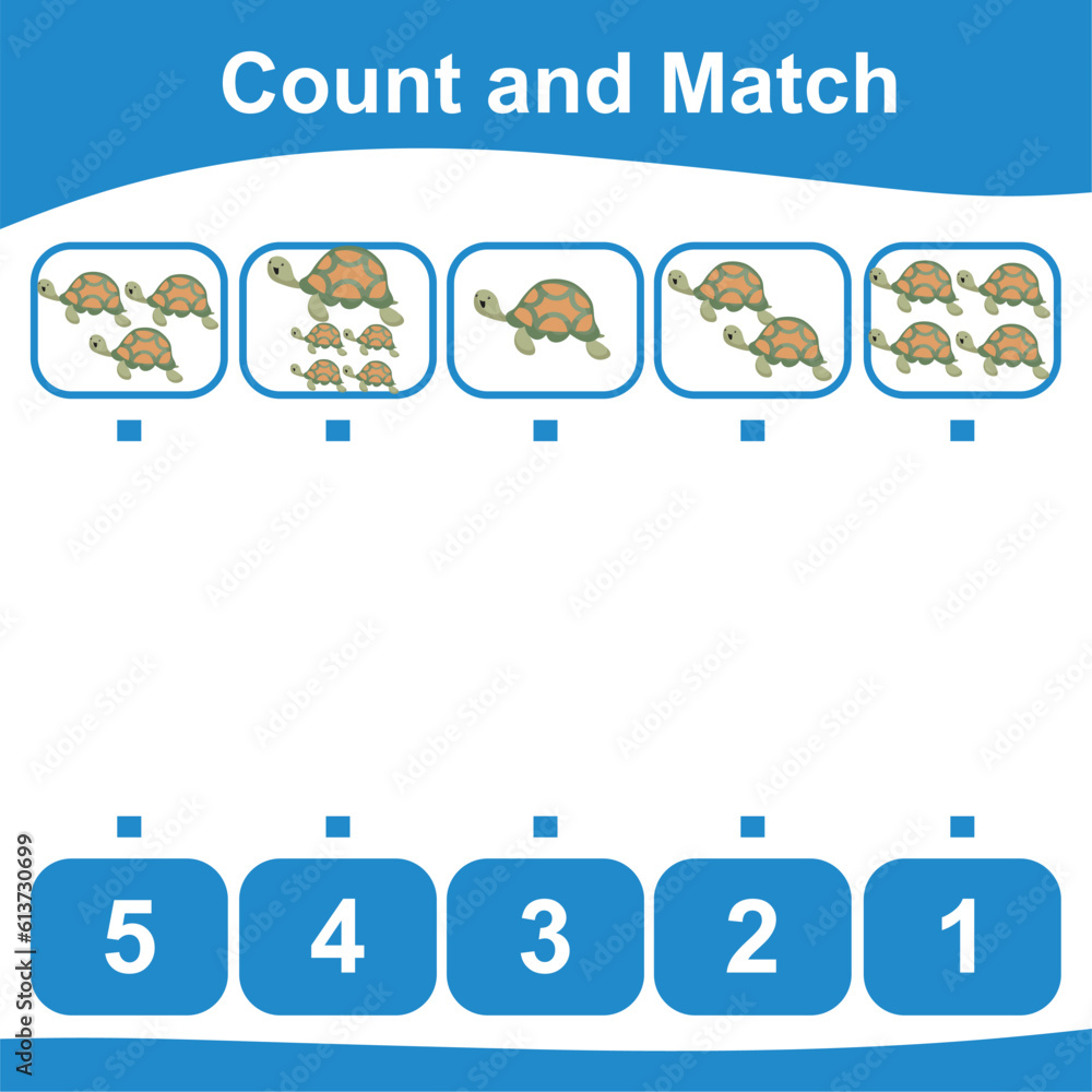 Count together the turtle and match with the number. Count the sea life and match with numbers. Count and match math worksheet. Math game for children. Vector illustration file. Count together the turtle and match with the number. Count the sea life and match with numbers. Count and match math worksheet. Math game for children. Vector illustration file.