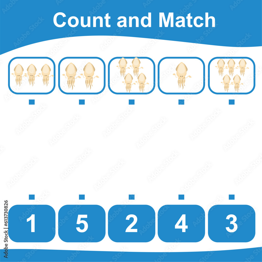 Count together the squid and match with the number. Count the sea life and match with numbers. Count and match math worksheet. Math game for children. Vector illustration file. Count together the squid and match with the number. Count the sea life and match with numbers. Count and match math worksheet. Math game for children. Vector illustration file.