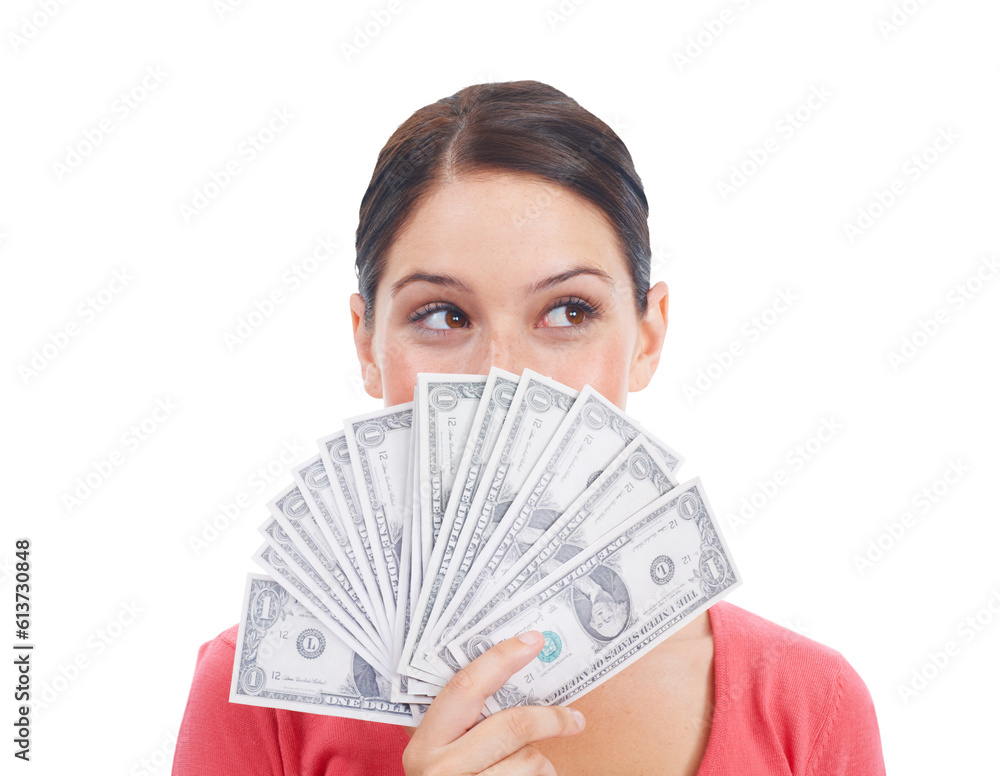 Woman, thinking and money fan for finance investment isolated on a transparent PNG background. Thoughtful female person with cash or dollar for financial freedom, saving bonus or salary increase Woman, thinking and money fan for finance investment isolated on a transparent PNG background. Thoughtful female person with cash or dollar for financial freedom, saving bonus or salary increase