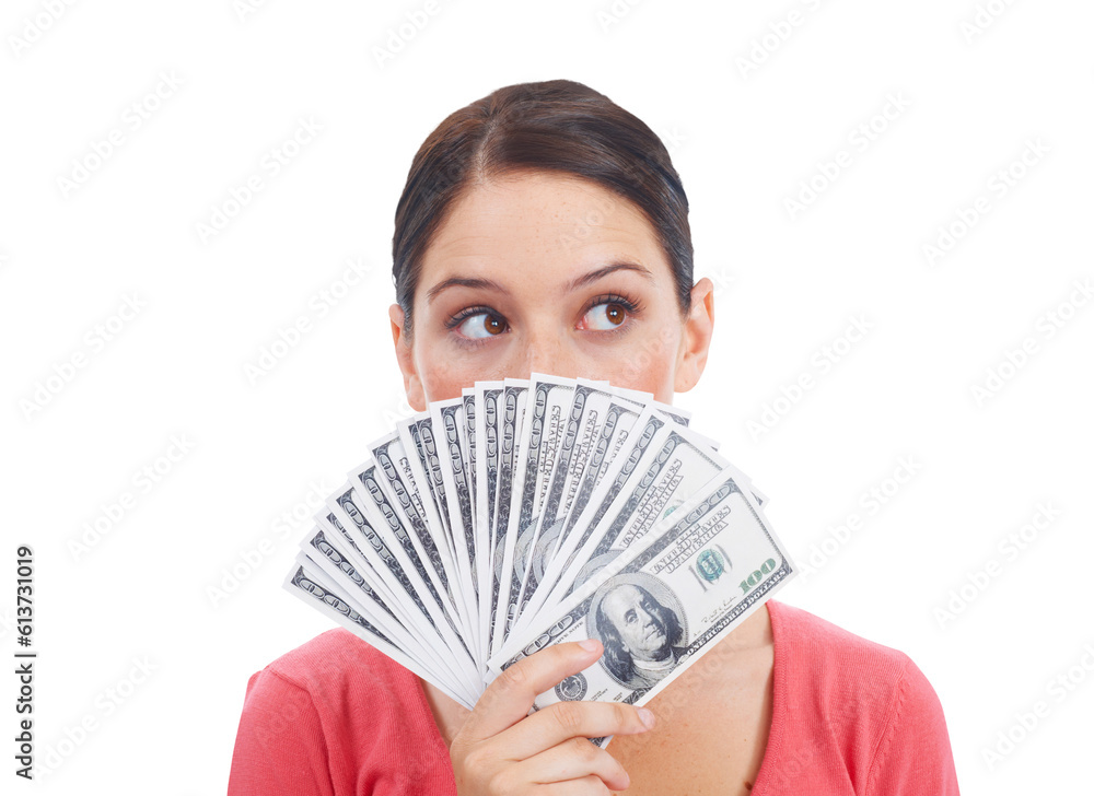 Woman, thinking and money fan for finance idea or budget isolated on a transparent PNG background. Thoughtful female person with cash, loan or dollar bills for financial freedom, savings or growth Woman, thinking and money fan for finance idea or budget isolated on a transparent PNG background. Thoughtful female person with cash, loan or dollar bills for financial freedom, savings or growth