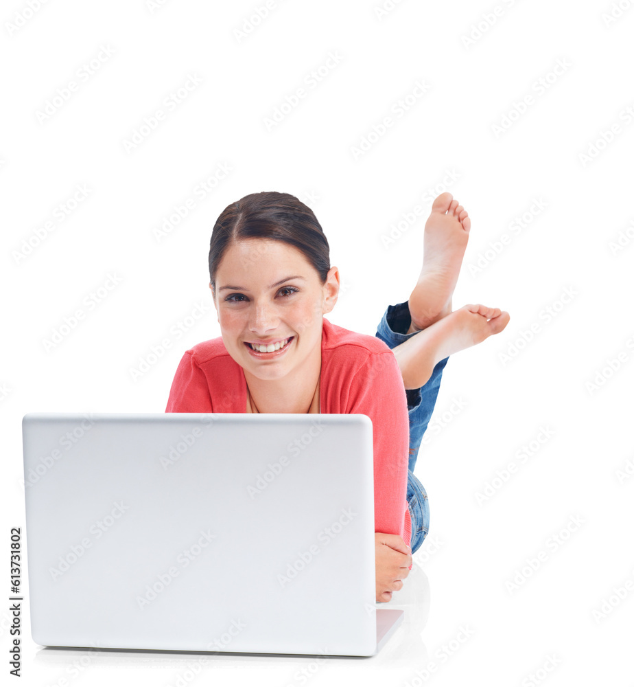 Laptop, portrait and learning with a woman student lying on the floor isolated on a transparent background. Computer, education and smile with a happy young female university pupil studying on PNG Laptop, portrait and learning with a woman student lying on the floor isolated on a transparent background. Computer, education and smile with a happy young female university pupil studying on PNG