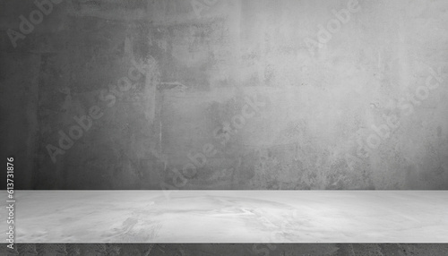 Empty Gray Wall Room interiors Studio Concrete Backdrop and Floor cement Shelf, well editing montage display products and text present on free space Background