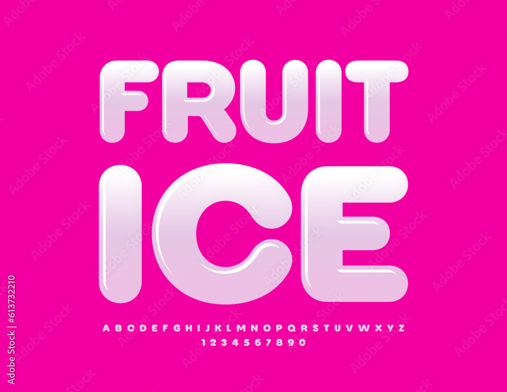 Vector sweet emblem Fruit Ice with glossy Font. White set of Alphabet Letters and Numbers Vector sweet emblem Fruit Ice with glossy Font. White set of Alphabet Letters and Numbers