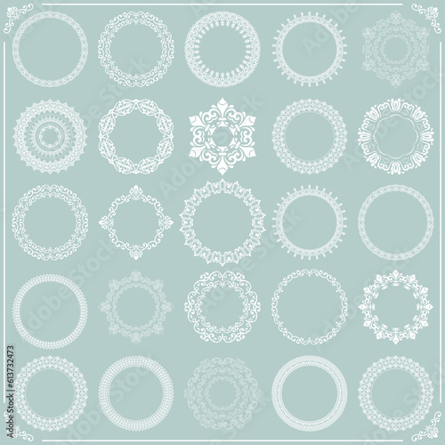 Vintage set of round elements. Different white elements for design frames, menus, backgrounds. Classic patterns. Set of vintage patterns