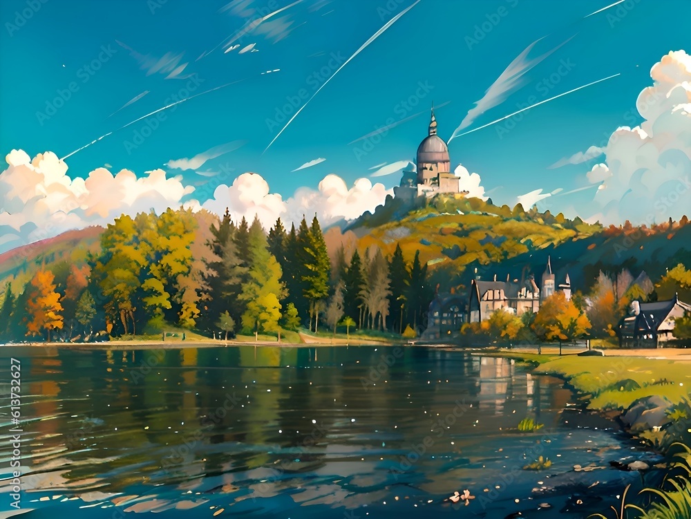 Fototapeta premium Within the anime scenery, a forest embraces a serene lake, while a mountain castle looms, symbolizing an imposing force that reigns with great power