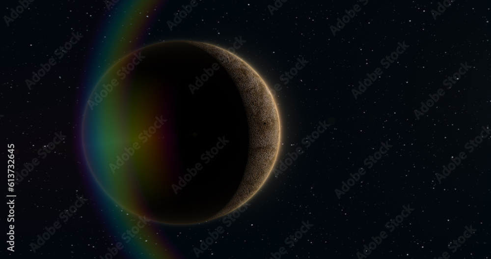 Fototapeta premium Abstract realistic space spinning planet round sphere with a relief stone surface in space against the background of stars and the sun