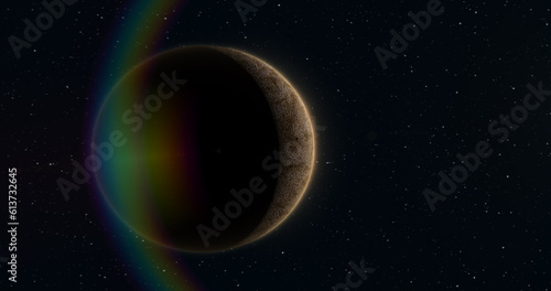 Abstract realistic space spinning planet round sphere with a relief stone surface in space against the background of stars and the sun