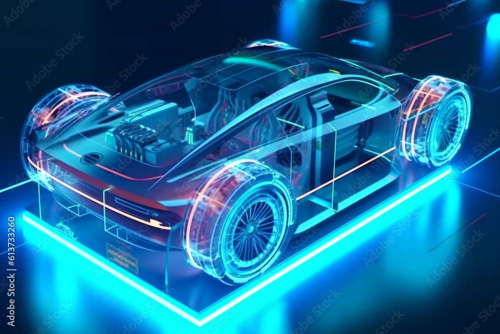 Generative AI of a sports car in neon light on a dark background Generative AI of a sports car in neon light on a dark background