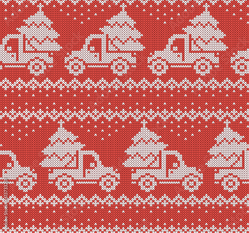 Red knitted winter texture with Christmas car. Seamless pattern. Vector illustration.