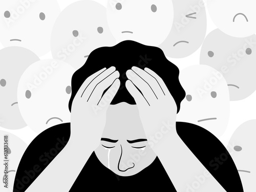 A boy get stress and sad emotion with stigma, kid mental health concept. Flat vector illustration.