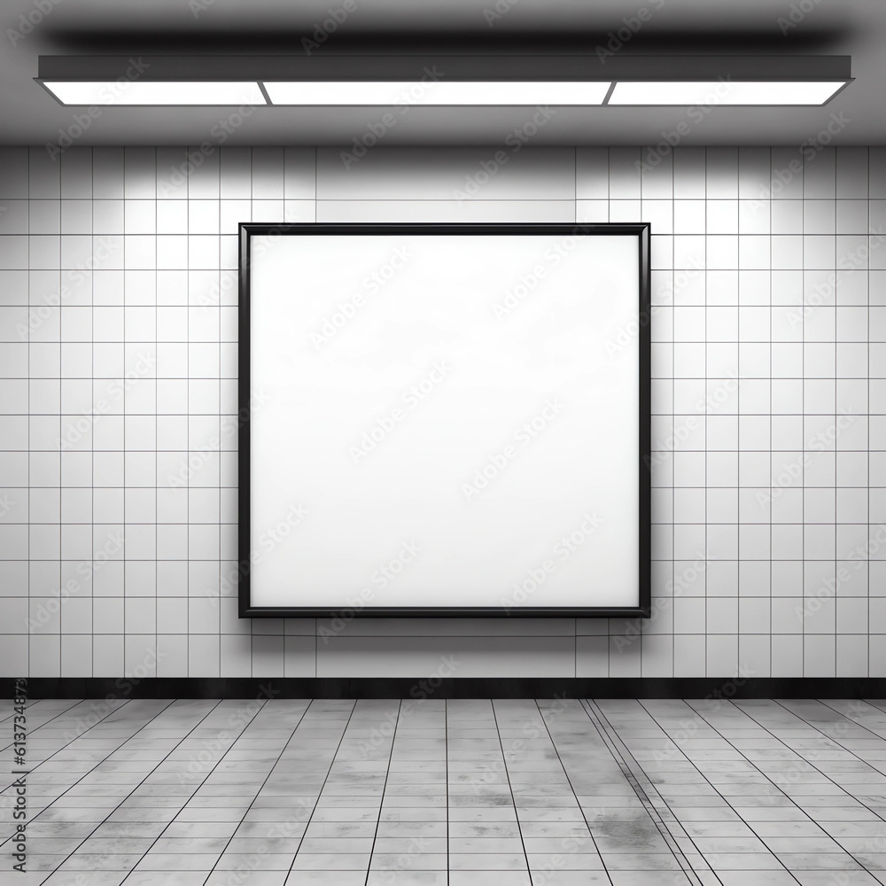 Blank white digital billboard black frame light box in subway station, empty poster advertisement on tile wall background for mockup, design, display, marketing Blank white digital billboard black frame light box in subway station, empty poster advertisement on tile wall background for mockup, design, display, marketing